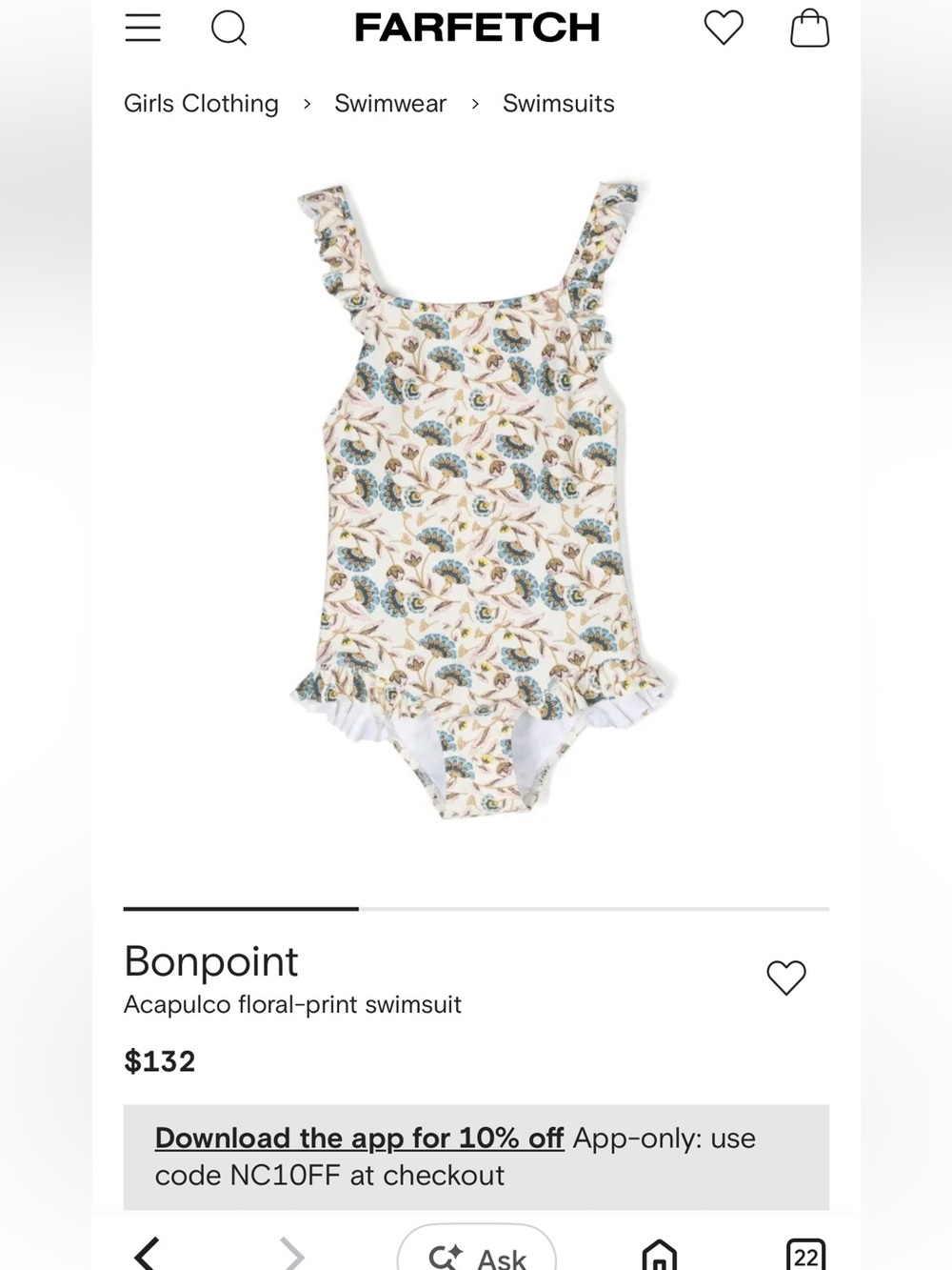 Bonpoint Girls' Acapulco Floral-Print Swimsuit in Cream and Blue! Size 10!